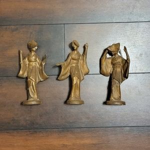 Set of Three Antique CAST IRON JAPANESE WOMEN Statues, 6.5" Tall, Gilt Paint